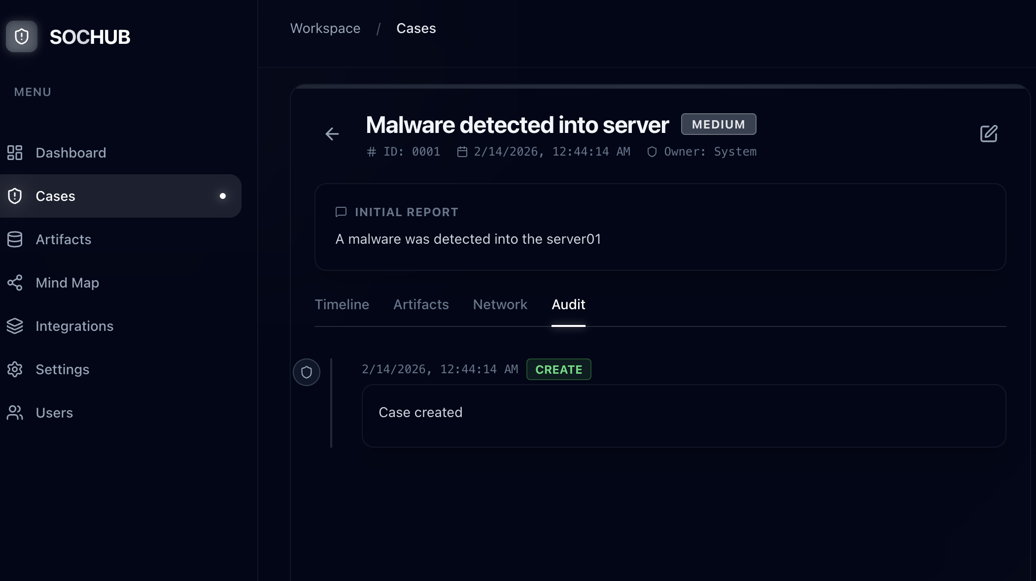 SOCHUB case audit trail with timestamped event log