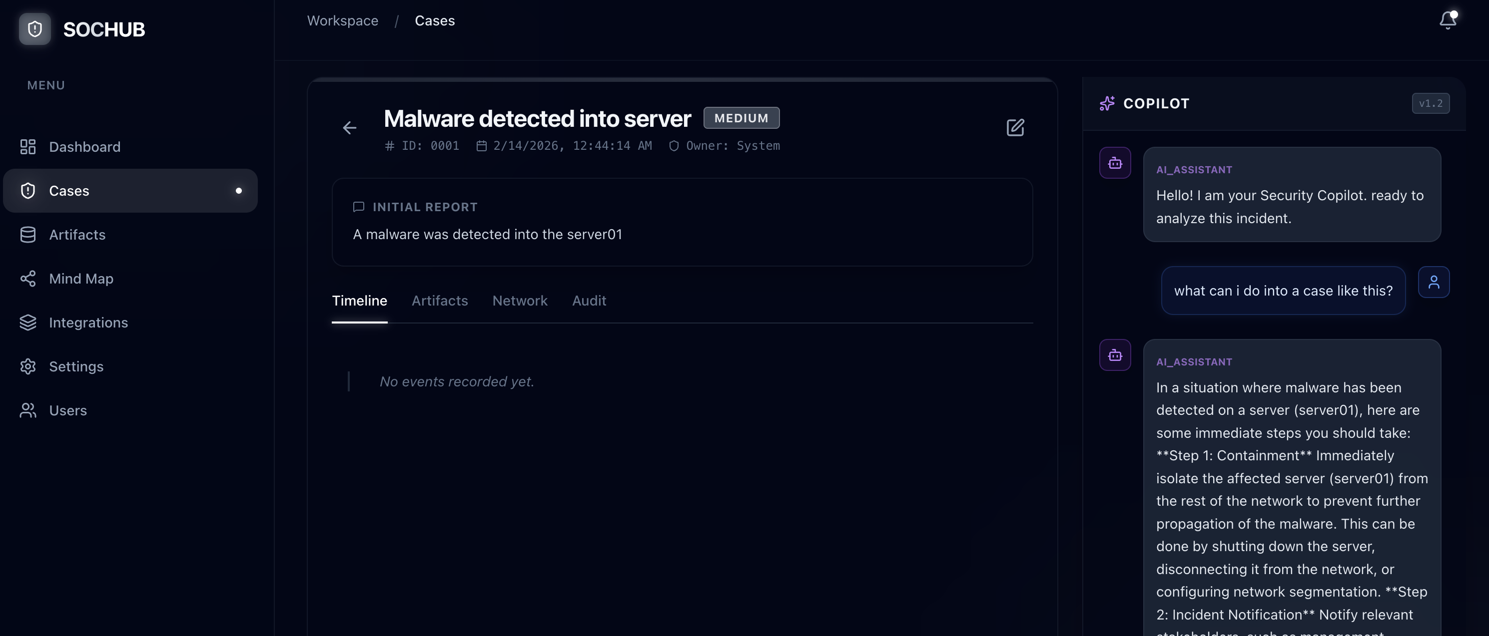 SOCHUB case detail with AI Security Copilot providing incident analysis and response guidance