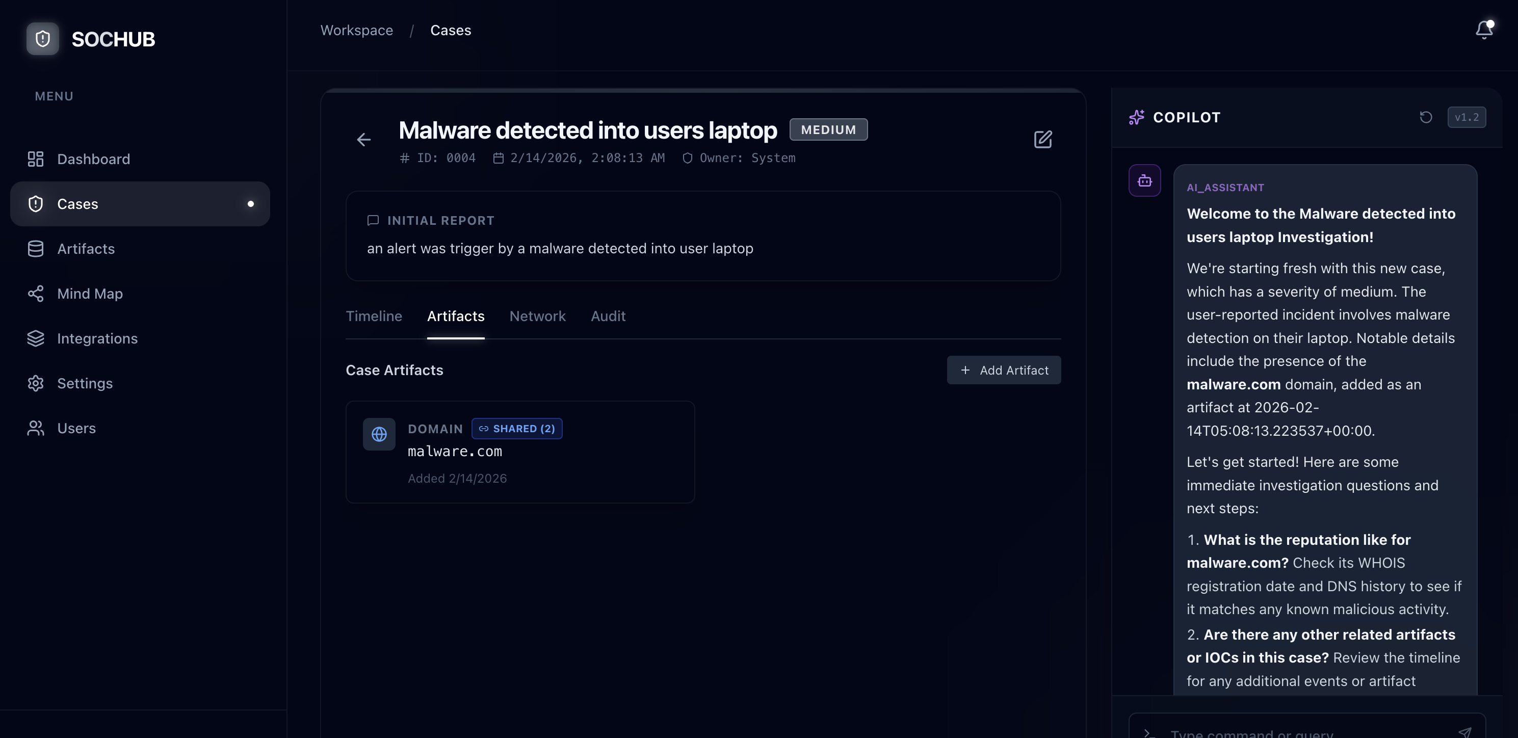 SOCHUB malware investigation with AI Copilot analysis and artifact tracking